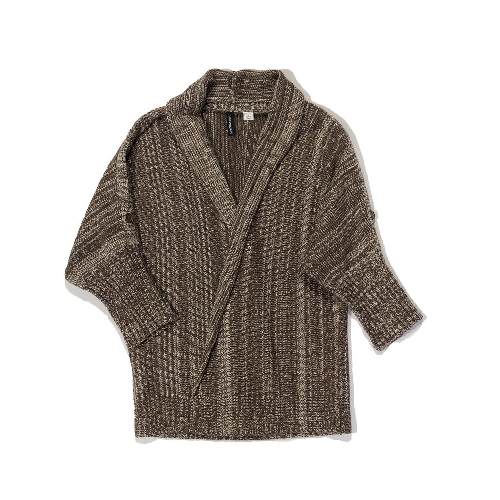 Jason Maxwell Womens Sz M Brown 3/4 Roll Tab Sleeve Open Front Cardigan Sweater